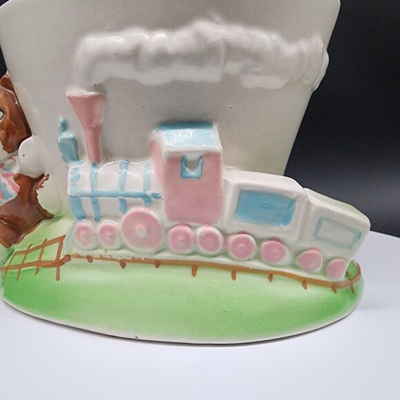 Vintage Japan Bear & Train Ceramic Planter - Pride Of The Orient Green Blue Pink - Picture 2 of 9